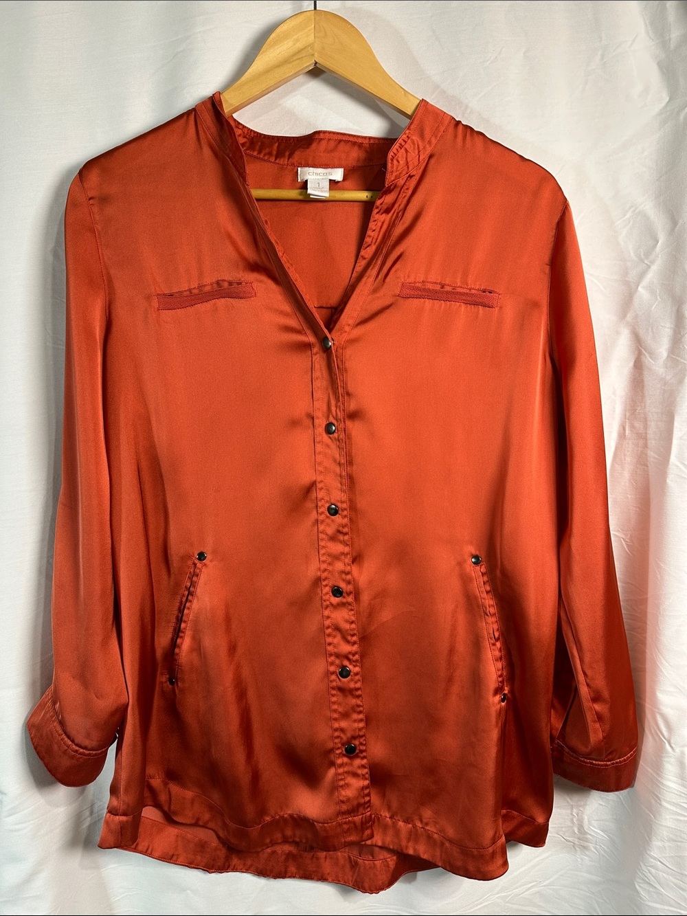 Chico’s Burnt Orange Satin Button-Down Blouse